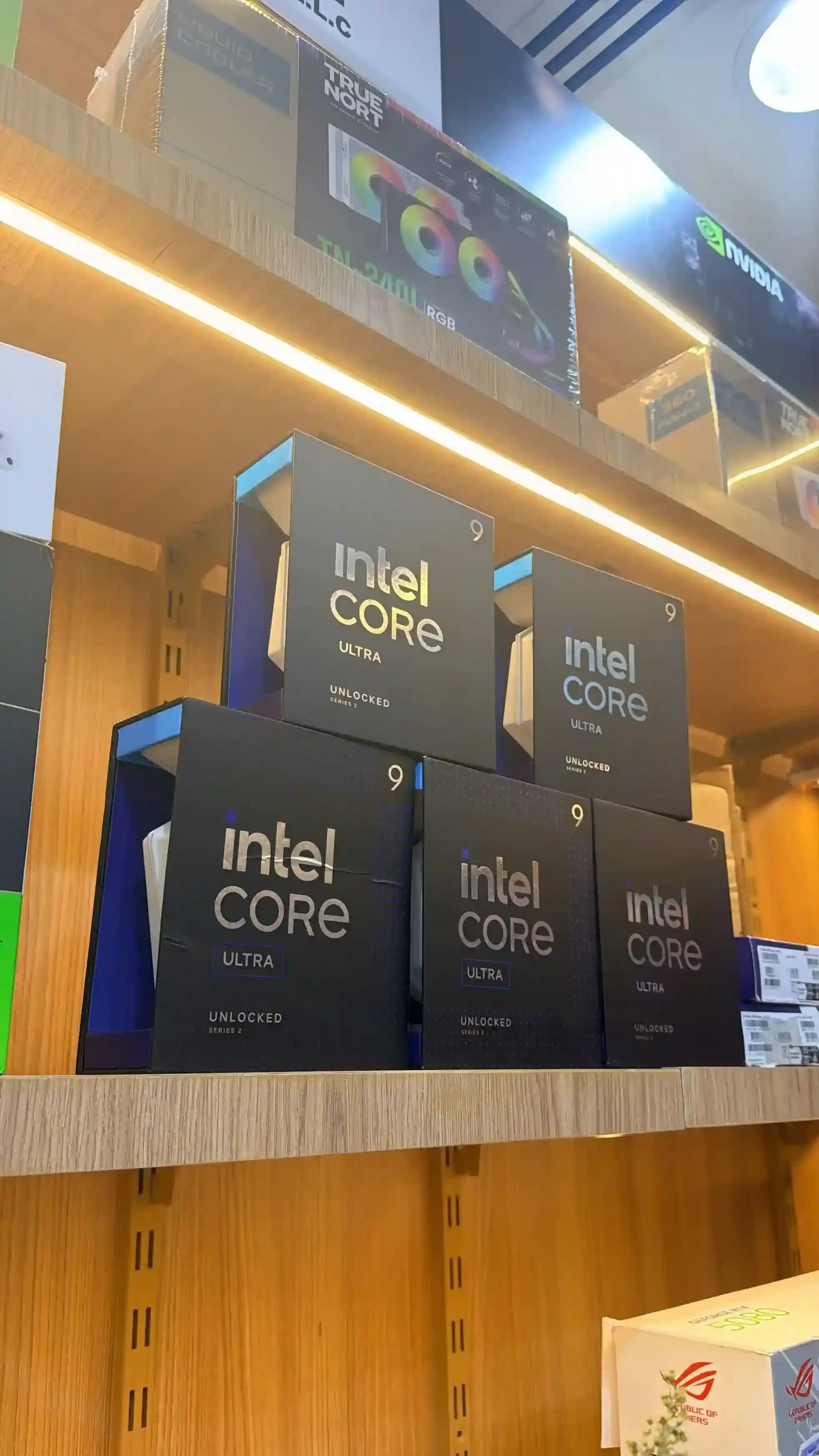 Intel Core Ultra 9 processors displayed on lit shelves at GCC Gaming PC store in Dubai