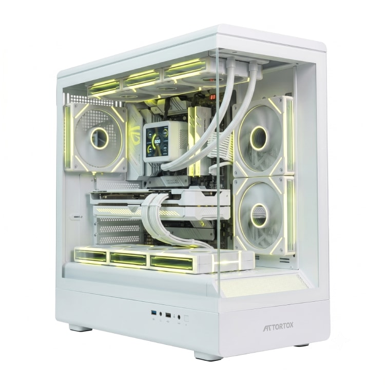 Tortox Vetra ATX Gaming PC Case with ARGB Panel Strip and 6 ARGB Retro Fans - White