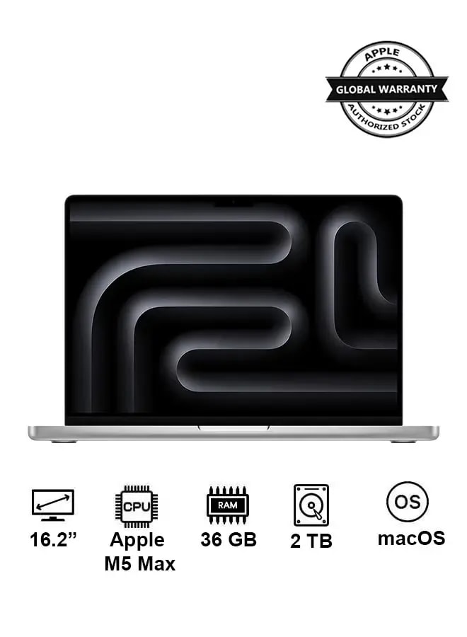 MacBook Pro MGE74 16.2 Inch Display Apple M5 Max Chip 18-Core CPU 32-Core GPU 36GB RAM 2TB SSD macOS English Keyboard International Version Silver